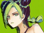  1girl bangs bare_shoulders birthmark black_hair braid closed_mouth collarbone commentary_request double_bun eyebrows_visible_through_hair green_background green_eyes green_hair green_lips highres joestar_birthmark jojo_no_kimyou_na_bouken kujo_jolyne long_hair looking_at_viewer multicolored_hair parted_bangs portrait shadow signature sofra solo stone_ocean twitter_username two-tone_hair v-shaped_eyebrows 