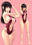  1girl akagi_(kancolle) armpits arms_behind_head arms_up bangs bare_arms bare_legs barefoot blush breasts brown_eyes brown_hair closed_mouth clothing_cutout covered_nipples eyebrows_visible_through_hair full_body hair_between_eyes highleg highleg_swimsuit highres kantai_collection long_hair looking_at_viewer medium_breasts multiple_views navel navel_cutout one-piece_swimsuit pink_background red_swimsuit shiny shiny_hair simple_background smile standing stomach swimsuit toes wa_(genryusui) 