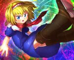  1girl absurdres alice_margatroid bangs blonde_hair blue_dress blue_eyes blush boots brown_footwear capelet commentary_request cookie_(touhou) dress eyebrows_visible_through_hair full_body hair_between_eyes hairband highres ichigo_(cookie) looking_at_viewer multicolored_background niwarhythm open_mouth puffy_short_sleeves puffy_sleeves red_hairband red_neckwear red_scarf scarf short_hair short_sleeves solo touhou 