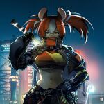  1girl alternate_costume cyberpunk hakos_baelz highres hololive hololive_english mouse_girl multicolored_hair navel night night_sky red_hair sky solo virtual_youtuber vyragami 