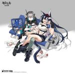  2girls animal_ears arknights artist_request bandages bangs black_hair blaze_(arknights) cat_ears cat_girl cat_tail closed_eyes fang fang_out feather_hair fingerless_gloves first_aid_kit gloves grey_hair greythroat_(arknights) hairband infection_monitor_(arknights) long_hair multiple_girls official_art parted_lips tail 