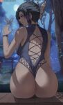  1girl ass back_cutout backboob bare_shoulders black_hair blurry blurry_background breasts bug butterfly butterfly_hair_ornament clothing_cutout commentary english_commentary from_behind hair_ornament hand_up highleg highleg_leotard highres kimetsu_no_yaiba kochou_shinobu large_breasts leotard looking_at_viewer looking_back moon multicolored_hair nape night night_sky parted_lips patreon_logo patreon_username profile shadow shexyo shoulder_blades sitting sky tree wooden_floor 
