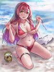  1girl absurdres barefoot beach bikini breasts commentary_request cup heterochromia highres hololive houshou_marine jewelry large_breasts long_hair mug navel necklace red_bikini red_eyes red_hair shorts shorts_removed skull solo swimsuit untied untied_bikini virtual_youtuber white_shorts yellow_eyes yujin_(kanouyuuto-0423) 