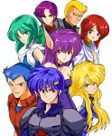  1980s_(style) 4boys 4girls amia_amirski anne_saga armor bandana blonde_hair blue_eyes blue_hair cape choker commentary_request eusis_landale everyone fantasy green_hair highres huey_reane jumpsuit kainz_ji_an long_hair looking_at_viewer multiple_boys multiple_girls mutant nei phantasy_star phantasy_star_ii pointy_ears purple_hair red_eyes red_hair retro_artstyle rudger_steiner sakurajyousui_nami scarf science_fiction serious shilka_levinia short_hair simple_background uniform upper_body 