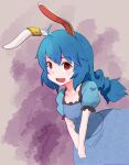  1girl animal_ears bangs blue_dress blue_hair commentary_request cowboy_shot dress earclip eyebrows_visible_through_hair highres long_hair looking_at_viewer open_mouth puffy_short_sleeves puffy_sleeves rabbit_ears red_eyes seiran_(touhou) short_sleeves smile solo touhou yan_pai 
