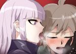  1boy 1girl ahoge akisora bangs black_gloves blunt_bangs blush brown_hair closed_eyes commentary_request danganronpa:_trigger_happy_havoc danganronpa_(series) eyebrows_visible_through_hair from_side gloves gradient gradient_background hand_on_another&#039;s_face kirigiri_kyouko licking licking_ear naegi_makoto open_mouth profile purple_eyes purple_hair red_background saliva shiny shiny_hair short_hair sweat teeth tongue tongue_out 