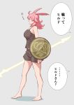  ahoge akizora bare_shoulders barefoot black_shirt black_shorts breasts camisole closed_eyes energy_spear fate/grand_order fate_(series) grey_background head_wings highres hildr_(fate) holding holding_polearm holding_weapon large_breasts medium_hair open_mouth pajamas pink_hair polearm shield shirt shorts simple_background sleeveless sleeveless_shirt spaghetti_strap spear speech_bubble translation_request valkyrie_(fate) weapon yawning 