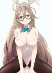  1girl akane_(blue_archive) animal_ears black-framed_eyewear black_legwear blue_archive blue_bow blue_bowtie bow bowtie breasts brown_eyes brown_hair cleavage commentary_request cowboy_shot detached_collar glasses hair_between_eyes highres large_breasts leotard long_hair looking_at_viewer pantyhose playboy_bunny rabbit_ears simple_background sitting solo strapless strapless_leotard tennorikurenai white_background white_leotard wrist_cuffs 