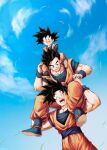  3boys :d ^_^ black_eyes black_hair blue_footwear blue_sky blurry bokeh boots brothers carrying closed_eyes cloud d: day depth_of_field dougi dragon_ball dragon_ball_z dutch_angle father_and_son fingernails fisheye full_body grass hands_on_another&#039;s_knees hands_on_another&#039;s_leg happy highres looking_at_another looking_down male_focus mattari_illust multiple_boys open_mouth outdoors shoulder_carry siblings sky smile son_gohan son_goku son_goten spiked_hair standing teeth upper_body wind wind_lift wristband 