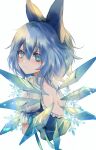 1girl absurdres bangs blue_bow blue_dress blue_eyes blue_hair bow cirno closed_mouth commentary dress eyebrows_visible_through_hair from_behind hair_between_eyes highres ice ice_wings looking_at_viewer maho_moco puffy_short_sleeves puffy_sleeves short_hair short_sleeves simple_background snowflakes solo symbol-only_commentary teeth touhou white_background white_sleeves wings 