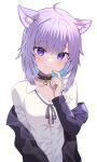  1girl :3 animal_ear_fluff animal_ears bangs black_choker black_jacket blue_hair blush breasts cat_ears cat_girl choker closed_mouth colored_inner_hair commentary_request eyebrows_visible_through_hair hand_up highres hololive jacket long_hair looking_at_viewer medium_breasts multicolored_hair nekomata_okayu off_shoulder official_alternate_costume purple_eyes purple_hair ruka_tou shirt simple_background solo virtual_youtuber white_background white_shirt 
