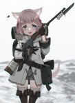  1girl absurdres animal_ears antique_firearm axe backpack bag bayonet belt blue_eyes blurry blurry_background boots casing_ejection cat_ears chromatic_aberration commentary fur_trim gloves gun hatchet_(axe) highres holding holding_gun holding_weapon jacket oota_youjo original peabody_action pouch rifle shell_casing short_hair short_shorts shorts snow solo steam thigh_boots thighhighs weapon 