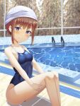  1girl absurdres blue_eyes blue_swimsuit brown_hair commentary_request competition_school_swimsuit dalian_(wlals088) fence highres new_school_swimsuit original pool pool_ladder school_swimsuit short_hair sitting solo swim_cap swimsuit water 