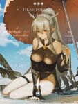  1girl areola_slip areolae arknights arm_support bangs beach_umbrella black_sleeves black_swimsuit blue_sky breasts chinese_commentary cloud cloudy_sky commentary_request covered_navel day demon_horns detached_sleeves english_text grey_hair hair_between_eyes highres horns infection_monitor_(arknights) large_breasts long_hair looking_at_viewer official_alternate_costume one-piece_swimsuit orange_umbrella outdoors palm_leaf parted_lips planted planted_umbrella pointy_ears qinglai_haiji see-through_swimsuit shining_(arknights) shining_(silent_night)_(arknights) sitting sky solo swimsuit thigh_strap umbrella very_long_hair water yellow_eyes yokozuwari 