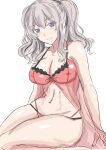  1girl absurdres blue_eyes breasts cleavage commentary_request highres kantai_collection kashima_(kancolle) ken_(shutenndouji1) large_breasts panties pink_babydoll pink_panties sidelocks silver_hair simple_background sitting solo twintails underwear underwear_only wavy_hair white_background yokozuwari 
