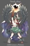  1girl :d arm_cannon arms_up bird_wings black_hair black_legwear black_wings bow breasts cape character_name copyright_name eyebrows_visible_through_hair feathered_wings green_bow green_skirt hair_between_eyes hair_bow highres ksk_(semicha_keisuke) large_breasts light_particles long_hair open_mouth petticoat puffy_short_sleeves puffy_sleeves reiuji_utsuho rock shirt shoes short_sleeves single_shoe skirt smile space_print starry_sky_print subterranean_animism touhou very_long_hair weapon white_shirt wing_collar wings 