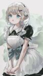  1girl :o apron black_dress blue_bow blush bow collared_dress commentary_request dress flower frilled_apron frills grey_eyes grey_hair hair_flower hair_ornament hairclip highres maid maid_apron open_mouth original puffy_short_sleeves puffy_sleeves rose sha2mo short_sleeves solo white_apron white_flower white_rose 