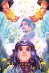 1boy 1girl adam&#039;s_apple ainu_clothes asirpa beard black_hair blue_eyes crying crying_with_eyes_open earrings facial_hair father_and_daughter gold golden_kamuy hands highres hoop_earrings jewelry mujisane_togoro scar scar_across_eye scar_on_face tears upper_body wilk_(golden_kamuy) 