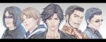  5boys :o beard black_hair brown_eyes brown_hair dated facial_hair glasses grey_eyes hair_slicked_back headphones headphones_around_neck higashi_tooru judge_eyes kaito_masaharu letterboxed lost_judgment male_focus multiple_boys orange_shirt shirt short_hair stubble sugiura_fumiya sunglasses talgi tsukumo_makoto yagami_takayuki 