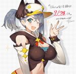  1girl ;d blue_eyes blush breasts cleavage commentary_request dated detached_sleeves grey_background grey_hair hand_up hat large_breasts looking_at_viewer one_eye_closed open_mouth original ponytail smile solo toridamono translation_request upper_body w 