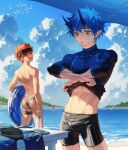 2boys abs arsh_(thestarwish) bandaid bandaid_on_cheek bandaid_on_face bandaid_on_nose bangs beach black_male_swimwear blue_eyes blue_hair blue_shirt clothes_lift cloud day headband highres holding holding_innertube holding_towel horns innertube male_focus male_swimwear multiple_boys navel open_mouth orange_eyes orange_hair original outdoors pointy_ears shirt shirt_lift short_hair sky smile summer swim_briefs thigh_bands toned toned_male towel undressing water wet wet_clothes wet_shirt 