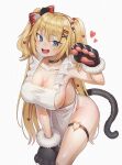  1girl absurdres akai_haato animal_hands apron black_choker blonde_hair blue_eyes breasts cat_paws cat_tail choker cleavage collarbone commentary eyebrows_visible_through_hair fur-trimmed_gloves fur_trim gloves goback grey_background hair_ornament hair_ribbon heart heart_hair_ornament highres hololive large_breasts leg_garter naked_apron open_mouth paw_gloves red_ribbon ribbon simple_background smile solo standing tail teeth thighs upper_teeth virtual_youtuber white_apron x_hair_ornament 