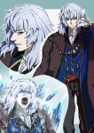  1boy ascot bangs black_pants blue_border blue_coat border breath clenched_teeth closed_mouth coat coat_on_shoulders cropped_shoulders fangs feet_out_of_frame frost fur_coat gloves grey_background grey_hair ice icicle kiya_hajime long_sleeves looking_at_viewer male_focus medium_hair multiple_views open_clothes open_coat open_mouth outstretched_arm pants parted_lips red_eyes sash sidelocks teeth tongue tsukihime tsukihime_(remake) tsurime upper_body vlov_arkhangel white_ascot white_gloves wide-eyed winter_clothes winter_coat 