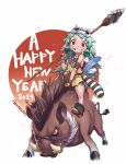  1girl 2019 absurdres atsushi barefoot boar bracelet caveman chinese_zodiac english_text feathers green_hair grin hair_ornament highres jewelry long_hair looking_at_viewer messy_hair missing_tooth necklace nengajou new_year original over_shoulder polearm prehistoric red_eyes riding skull_hair_ornament smile spear tribal tusks weapon weapon_over_shoulder white_background year_of_the_pig 