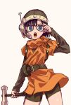  1girl 83 bag belt bike_shorts blue_eyes chrono_trigger closed_mouth commentary dress glasses hammer helmet looking_at_viewer lucca_ashtear purple_hair scarf short_hair shoulder_bag simple_background skirt solo 