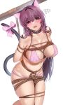  1girl animal_ears arms_behind_back bdsm bikini bondage bound breasts brown_collar cat_ears cat_tail collar damda eyebrows_visible_through_hair fake_animal_ears fate/grand_order fate_(series) large_breasts long_hair looking_at_viewer open_mouth pink_bikini pink_ribbon purple_hair red_eyes restrained ribbon rope scathach_(fate) simple_background solo sweat swimsuit tail tail_ornament tail_ribbon white_background 