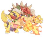  2boys armlet bowser bowser_jr. bracelet breathing_fire fang father_and_son fire full_body horns hoshikuzu_pan jewelry male_focus mario_(series) multiple_boys open_mouth ponytail red_eyes red_hair sharp_teeth shell short_hair simple_background size_difference spiked_armlet spiked_bracelet spiked_shell spiked_tail spikes standing super_mario_3d_world sweatdrop tail teeth thick_eyebrows turtle_shell white_background 