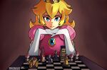  1girl absurdres actor_connection anya_taylor-joy artist_name bangs blonde_hair bottle bowser chessboard dress earrings fire_flower gloves hair_behind_ear highres jewelry long_hair looking_at_viewer luigi mag_(magdraws) mario mario_(series) mushroom parody pink_dress princess_daisy princess_peach solo starman_(mario) super_mario_bros._(2022_film) the_queen&#039;s_gambit toad_(mario) voice_actor_connection white_gloves 