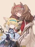  2girls angelina_(arknights) animal_ear_fluff animal_ears arknights bangs black_gloves blue_hairband brown_hair closed_eyes closed_mouth earpiece fox_ears fox_girl fox_tail gloves hair_rings hairband holding holding_staff long_hair multiple_girls multiple_tails open_mouth red_eyes red_hairband single_glove single_wrist_cuff smile staff striped striped_hairband suzuran_(arknights) tail touchika upper_body wrist_cuffs 