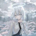  1girl above_clouds absurdres akky_(akimi1127) bangs bird black_necktie black_skirt cloud cloudy_sky collared_shirt commentary_request eyebrows_visible_through_hair grey_eyes halo hand_up highres light_particles long_sleeves looking_at_viewer medium_hair necktie original shirt silver_hair skirt sky sleeves_past_wrists solo upper_body white_shirt white_theme 