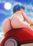  1girl ass ass_focus backless_swimsuit bare_shoulders black_swimsuit blue_eyes blue_hair blue_sky blush bright_pupils commentary_request day from_behind from_below hairband highres lana_(pokemon) looking_at_viewer looking_back looking_down nanaken_nana outdoors poke_ball poke_ball_(basic) pokemon pokemon_(game) pokemon_sm short_hair sitting sky solo sun swimsuit yellow_hairband 