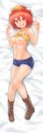  1girl 2ch_(/livejupiter/) :d absurdres animal_hat areolae bangs bare_shoulders bed_sheet blue_shorts blush boots breasts brown_footwear clothes_lift dakimakura_(medium) double_w fang ferris_(2ch) full_body hair_between_eyes hat highres hikoukeiro looking_at_viewer lying medium_breasts navel nipples nose_blush on_back open_mouth pussy_juice red_eyes red_hair red_headwear shirt_lift short_hair short_shorts shorts smile solo tank_top tears w wavy_mouth yellow_tank_top 