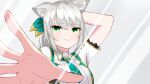  &gt;:) 1girl animal_ear_fluff animal_ears arm_behind_head bangs black_vest bow cat_ears closed_mouth collared_shirt eyebrows_visible_through_hair fourth_wall green_bow green_eyes green_vest grey_background hair_between_eyes hair_bow hair_ornament highres hizuki_miu kanelashi light_smile looking_at_viewer multicolored_clothes necktie reaching_out shirt side_ponytail smug solo v-shaped_eyebrows vest virtual_youtuber wactor_production white_hair white_shirt window wing_collar 