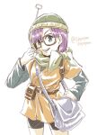  1girl bag belt bike_shorts blue_eyes chrono_trigger dress glasses looking_at_viewer lucca_ashtear open_mouth purple_hair sayoyonsayoyo scarf short_hair shoulder_bag simple_background smile solo twitter_username white_background 