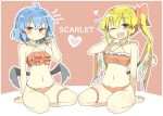  2girls ;d ahoge bangs barefoot bat_wings bikini blonde_hair blue_hair breasts closed_mouth clothing_cutout crystal english_text eyebrows_visible_through_hair flandre_scarlet full_body hair_ribbon halter_top halterneck heart heart_cutout leg_strap looking_at_viewer matsu_kitsune multiple_girls navel one_eye_closed one_side_up open_mouth red_bikini red_eyes red_ribbon remilia_scarlet ribbon seiza sitting small_breasts smile swimsuit touhou wings 