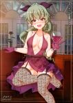  1girl alcohol anchovy_(girls_und_panzer) aquaegg bare_shoulders black_legwear blush breasts cleavage commentary_request couch cup dress eyebrows_visible_through_hair fishnet_legwear fishnets garter_straps girls_und_panzer glass gloves green_hair hair_ribbon highres holding holding_cup indoors large_breasts long_hair looking_at_viewer no_bra no_panties on_couch open_mouth ponytail purple_dress purple_gloves red_eyes ribbon shiny shiny_hair shiny_skin sitting smile solo thighhighs wine 