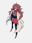  1girl android_21 breasts checkered checkered_dress dragon_ball dragon_ball_fighterz dress earrings from_above glasses grey_background hoop_earrings jewelry kemachiku labcoat long_hair medium_breasts red_hair red_ribbon_army simple_background solo standing 