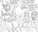  1boy 2girls :d armor bb_(baalbuddy) belt belt_pouch braid breasts cleavage coat commentary covered_face crazy_eyes crazy_smile crossed_arms dress dungeons_and_dragons english_commentary english_text fantasy freckles full_armor gauntlets gnome goggles goggles_around_neck greyscale halfling helmet highres knight meme monochrome multiple_girls open_mouth original paladin_(baalbuddy) parody poptepipic pouch sash shortstack simple_background smile sword tabard twin_braids weapon white_background 