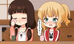  2girls animal_print anko_(gochiusa) bangs blonde_hair blush brown_hair brown_jacket bunny_print chibi closed_eyes closed_mouth collarbone commentary crying crying_with_eyes_open cup eyebrows_visible_through_hair gochuumon_wa_usagi_desu_ka? green_eyes hair_over_shoulder handkerchief indoors jacket kimetsu_no_yaiba kirima_sharo long_hair long_sleeves low_twintails mitya multiple_girls open_clothes open_jacket open_mouth ponytail print_shirt red_jacket shirt tears track_jacket translated twintails ujimatsu_chiya upper_body wavy_mouth white_shirt wild_geese yunomi 