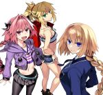  1boy 2girls astolfo_(fate) bandeau bangs bare_shoulders blonde_hair blue_eyes bow braid braided_ponytail breasts cutoffs fate/apocrypha fate_(series) french_braid green_eyes hair_bow hair_intakes hair_ornament hair_scrunchie highres ishida_akira jacket jeanne_d&#039;arc_(fate) large_breasts long_hair long_sleeves looking_at_viewer mordred_(fate) mordred_(fate/apocrypha) multicolored_hair multiple_girls open_mouth otoko_no_ko pantyhose parted_bangs pink_hair ponytail purple_eyes scrunchie sidelocks skirt small_breasts smile streaked_hair very_long_hair white_hair 