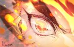  1boy close-up commentary_request eye_focus fire flaming_eye hoshizaki_reita kimetsu_no_yaiba looking_at_viewer male_focus red_eyes rengoku_kyoujurou signature solo thick_eyebrows v-shaped_eyebrows 