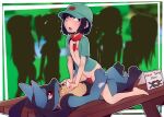  1boy 1girl aqua_headwear aqua_shirt baseball_cap black_hair blue_eyes blurry blurry_background blush bob_cut border bottomless breasts cosplay creature crowd exhibitionism flat_chest flying_sweatdrops freckles furry furry_male furry_with_non-furry girl_on_top green_background hair_strand hat hetero interspecies kasia_mikolajczyk knot knotted_penis looking_up lucario motion_lines neckerchief nipples open_clothes open_mouth open_shirt original outdoors picnic_table picnicker_(pokemon) picnicker_(pokemon)_(cosplay) pokemon pokemon_(creature) pokemon_(game) pokemon_oras red_eyes red_neckerchief rolling_eyes shirt short_hair short_sleeves sicmop sign silhouette small_breasts solo_focus straddling tongue tongue_out vaginal wide-eyed 