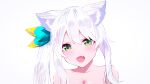  1girl :d absurdres animal_ear_fluff animal_ears bangs blush bow breasts cat_ears fang green_bow green_eyes hair_between_eyes hair_ornament happy highres hizuki_miu kanelashi long_hair looking_at_viewer nude open_mouth side_ponytail simple_background skin_fang smile solo virtual_youtuber wactor_production white_background 