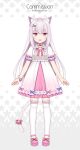  1girl :3 :d animal_ear_fluff animal_ears bow cat_ears cat_girl cat_tail commentary_request commission dress english_text frilled_legwear full_body hair_ornament hairclip hitsuki_rei indie_virtual_youtuber long_hair looking_at_viewer open_mouth pink_footwear puffy_short_sleeves puffy_sleeves red_bow red_eyes shoes short_sleeves silver_hair smile solo standing starry_background tail thighhighs vanilla_shironeko very_long_hair virtual_youtuber white_background white_dress white_legwear 