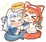  &gt;_&lt; 2girls :3 :d animal_ear_fluff animal_ears aqua_hair bangs blue_hair blunt_bangs blush_stickers braid cat_ears cat_tail chibi closed_eyes commentary dated_commentary fish_tail gawr_gura hair_ornament hairband hololive hololive_english hug kemonomimi_mode long_hair multicolored_hair multiple_girls open_mouth orange_hair same_anko shared_speech_bubble shark_hair_ornament shark_tail sharp_teeth simple_background smile speech_bubble streaked_hair tail takanashi_kiara teeth two-tone_hair two_side_up virtual_youtuber white_background white_hair white_hairband x3 xd 