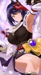  1girl arm_up armpits bird_mask black_gloves bodysuit breasts closed_mouth covered_nipples detached_sleeves genshin_impact gloves gomashi_(goma) japanese_clothes knee_up kujou_sara large_breasts mask mask_on_head obi sash solo thighs vision_(genshin_impact) wide_sleeves 